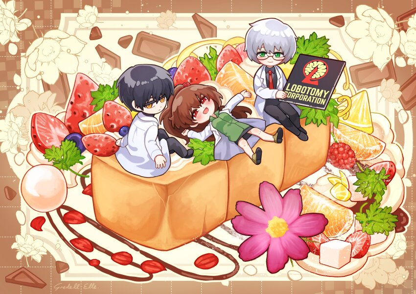 1girl 2boys absurdres ayin_(project_moon) benjamin_(project_moon) black_footwear black_hair black_pants black_shirt blueberry carmen_(project_moon) chocolate closed_mouth collared_shirt flower food fruit glasses gredell_elle green_eyes green_shirt highres ice_cream lab_coat leaf lemon lobotomy_corporation lobotomy_corporation_logo mandarin_orange mandarin_orange_slice multiple_boys necktie open_mouth pants pink_flower project_moon red_eyes red_necktie shirt shoes smile strawberry strawberry_slice sugar_cube white_hair wing_collar yellow_eyes