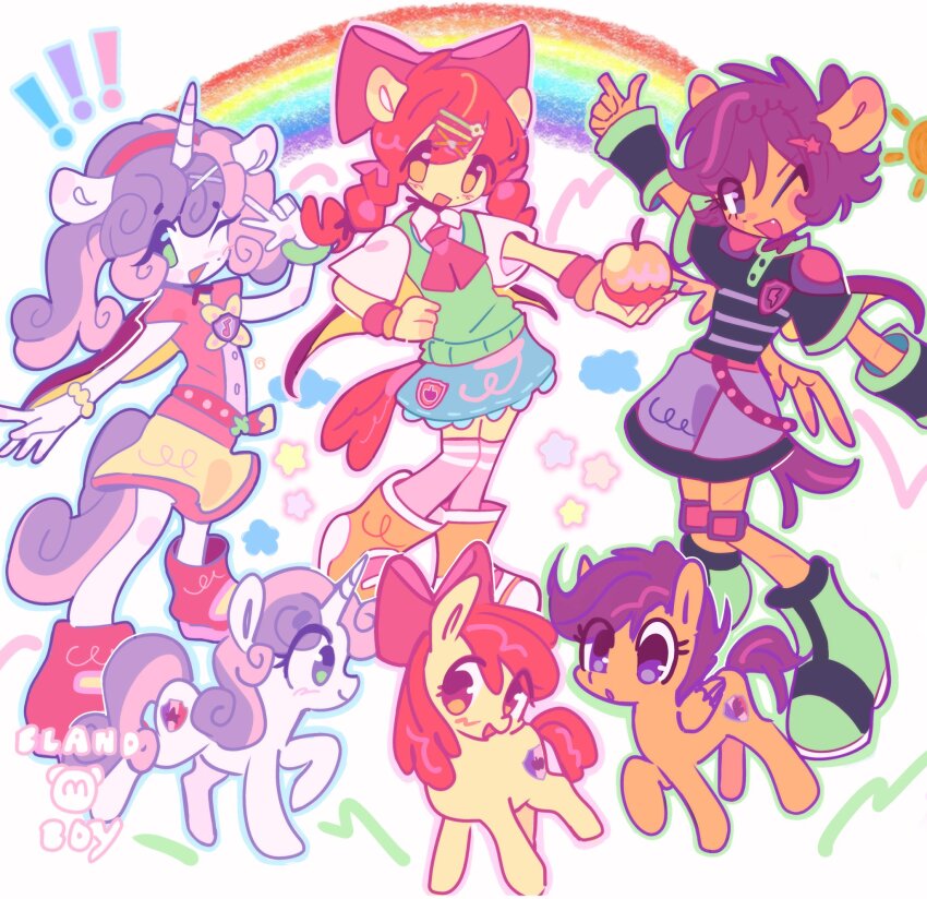 3girls adapted_costume alternate_costume animal_ears apple_bloom apple_bloom_(equestria_girls) apple_print blandboyx boots bow colored_skin creature_and_personification dual_persona food_print fruit_print full_body hair_bow highres horns horse_ears horse_girl horse_tail long_hair monster_girl multiple_girls my_little_pony my_little_pony:_equestria_girls my_little_pony:_friendship_is_magic orange_skin pegasus personification pink_hair pony_(animal) purple_hair red_hair scootaloo scootaloo_(equestria_girls) short_hair single_horn skirt standing sweetie_belle sweetie_belle_(equestria_girls) tail unicorn unicorn_girl unicorn_horn white_skin wings yellow_skin