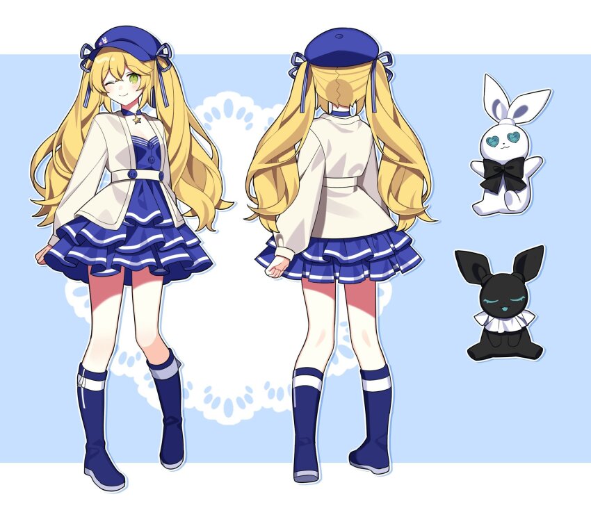 1girl bao_bao_(dokibird) blonde_hair blue_background blue_dress blue_footwear blue_headwear boots reference_sheet commentary dokibird_(vtuber) dokibird_(vtuber)_(retro_doki) dress english_commentary facing_away green_eyes hat highres indie_virtual_youtuber jacket knee_boots layered_dress letterboxed mei_mei_(dokibird) one_eye_closed second-party_source simple_background stuffed_animal stuffed_rabbit stuffed_toy twintails virtual_youtuber waka_(wk4444) white_jacket