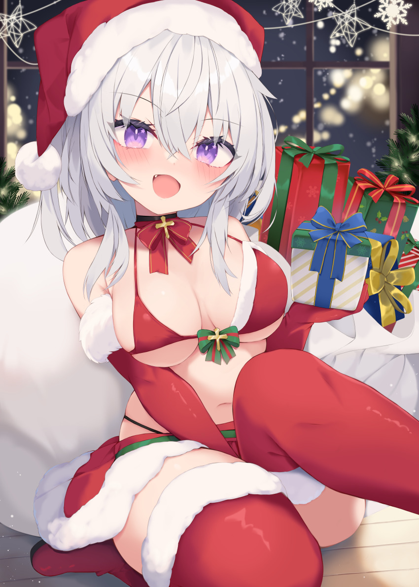 1girl :d absurdres animal_ears bare_shoulders between_legs bikini blush boots box breasts commission fang fox_ears fur-trimmed_bikini fur-trimmed_boots fur-trimmed_headwear fur-trimmed_skirt fur_trim gift gift_box grey_hair hair_between_eyes hand_between_legs hat highres holding holding_gift indoors large_breasts nibiiro_shizuka open_mouth original purple_eyes red_bikini red_boots red_hat red_skirt sack santa_costume santa_hat skeb_commission skirt smile snowflakes solo swimsuit thigh_boots window