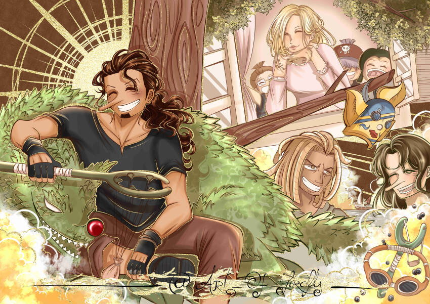 absurdres art-of-firefly artist_name banchina black_hair blonde_hair brown_hair closed_eyes facial_hair father_and_son glasses goatee highres kaya_(one_piece) long_hair long_nose mask medium_hair mother_and_son ninjin_(one_piece) one_piece open_mouth piiman_(one_piece) purple_hair short_hair signature slingshot_(weapon) smile sogeking tamanegi_(one_piece) usopp yasopp