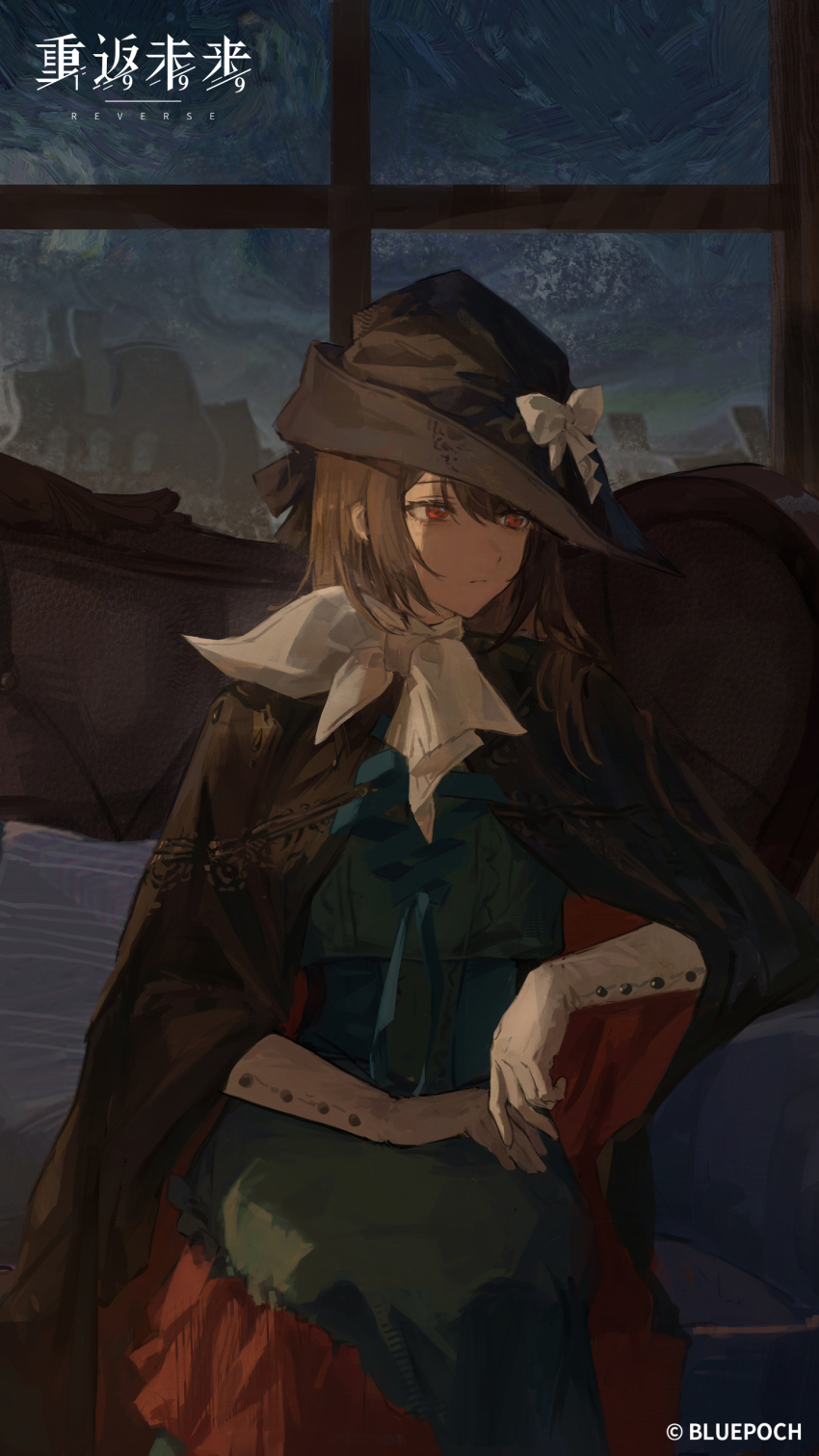 1girl :/ absurdres black_cape black_hat blue_sky brown_hair cape copyright_name copyright_notice couch cushion feet_out_of_frame gloves green_shirt green_skirt hat highres indoors logo long_hair long_skirt looking_to_the_side neckerchief night night_sky official_art official_wallpaper on_couch red_eyes reverse:1999 semmelweis_(reverse:1999) shirt sitting skirt sky solo swirling tricorne white_gloves white_neckerchief window