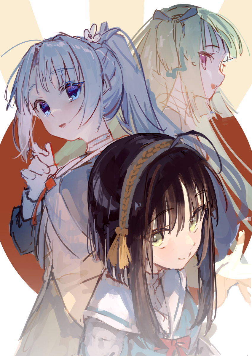 3girls :d absurdres ahoge black_hair blue_eyes blue_ribbon blunt_bangs blunt_ends blush closed_mouth commentary cowboy_shot cropped_jacket green_eyes green_hair green_jacket grey_hair hair_ornament hair_ribbon hairband hand_up highres hime_cut hitachi_mako jacket long_hair long_sleeves looking_at_viewer multiple_girls murasame_(senren) one_side_up open_mouth ponytail profile red_eyes ribbon sailor_collar school_uniform senren_banka serafuku shirt short_hair_with_long_locks sidelocks sideways_glance simple_background sketch smile split_mouth tassel tassel_hair_ornament tomotake_yoshino upper_body upturned_eyes white_hairband white_sailor_collar white_shirt yu_hydra