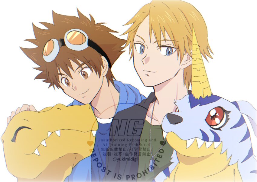 2boys agumon black_jacket blonde_hair blue_eyes blue_jacket blue_shirt brown_eyes brown_hair digimon digimon_adventure_-beyond- gabumon goggles goggles_on_head green_shirt group_picture highres horns ishida_yamato jacket jewelry lizard male_focus medium_hair multiple_boys pendant sharp_teeth shirt short_hair simple_background single_horn teeth upper_body white_background yagami_taichi yukimi_(kurumi-no-naruki)