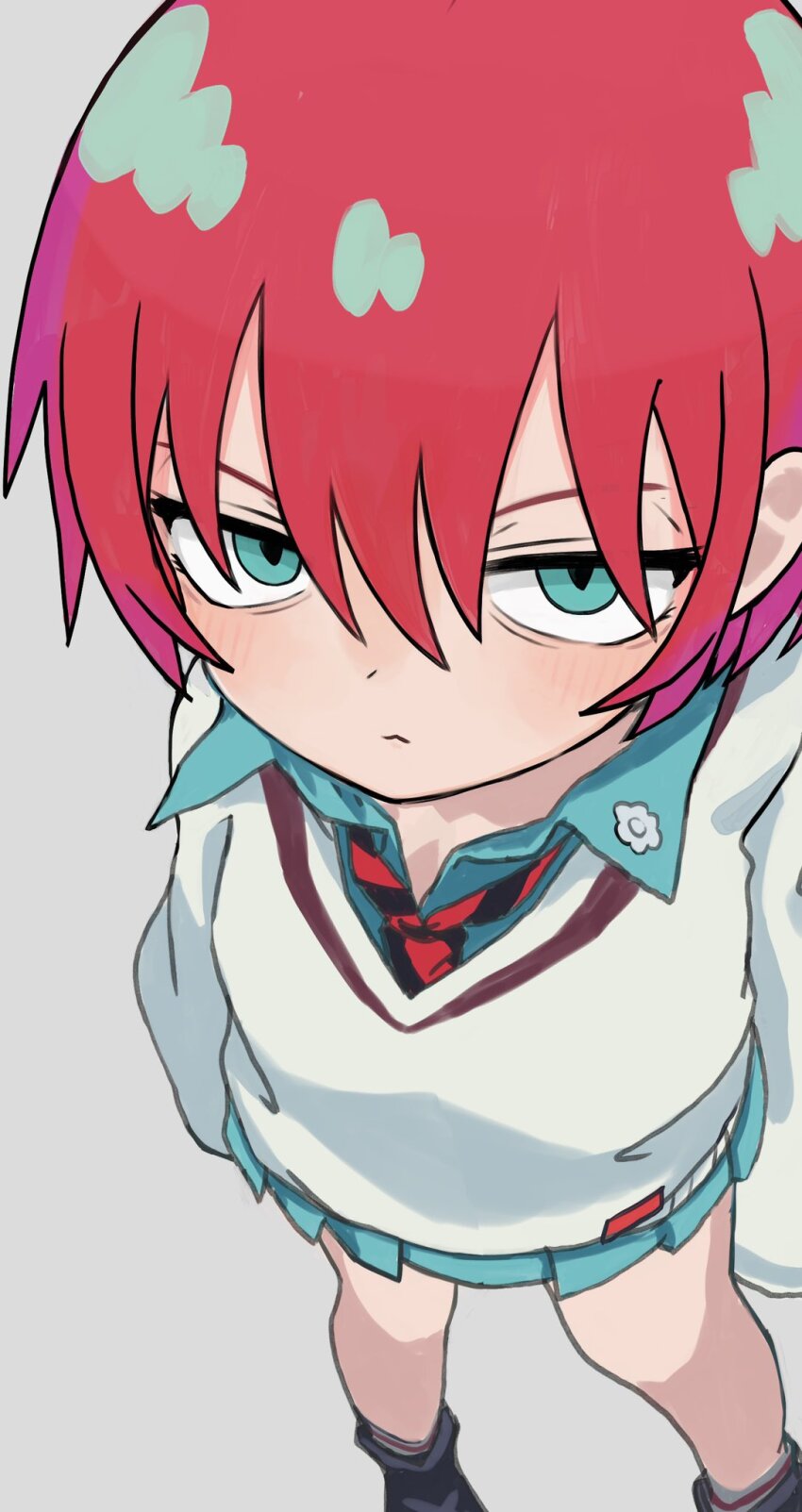 1girl amate_yuzuriha annoyed aqua_eyes aqua_skirt boots gundam gundam_gquuuuuux highres long_sleeves looking_at_viewer necktie neritch red_hair school_uniform shirt short_hair simple_background skirt sweater