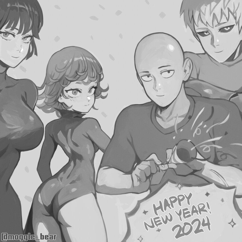 2024 2boys 2girls absurdres artist_name ass bald breasts closed_mouth confetti dress flipped_hair fubuki_(one-punch_man) genos greyscale happy_new_year highres holding large_breasts looking_at_viewer looking_back mogglebear monochrome multiple_boys multiple_girls muscular muscular_male new_year one-punch_man saitama_(one-punch_man) shirt short_hair short_sleeves siblings sisters smile tatsumaki