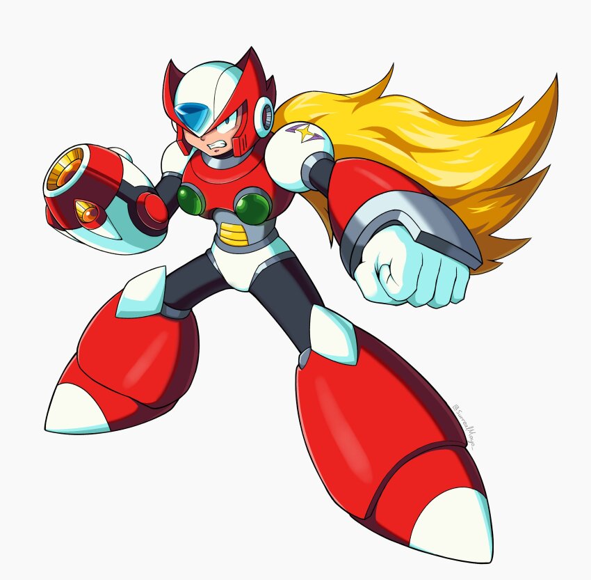 1boy absurdres android arm_cannon armor blonde_hair chest_jewel forehead_jewel full_body green_eyes helmet highres long_hair male_focus mega_man_(series) mega_man_x_(series) red_armor red_helmet simple_background solo surrealmason weapon white_background zero_(mega_man)
