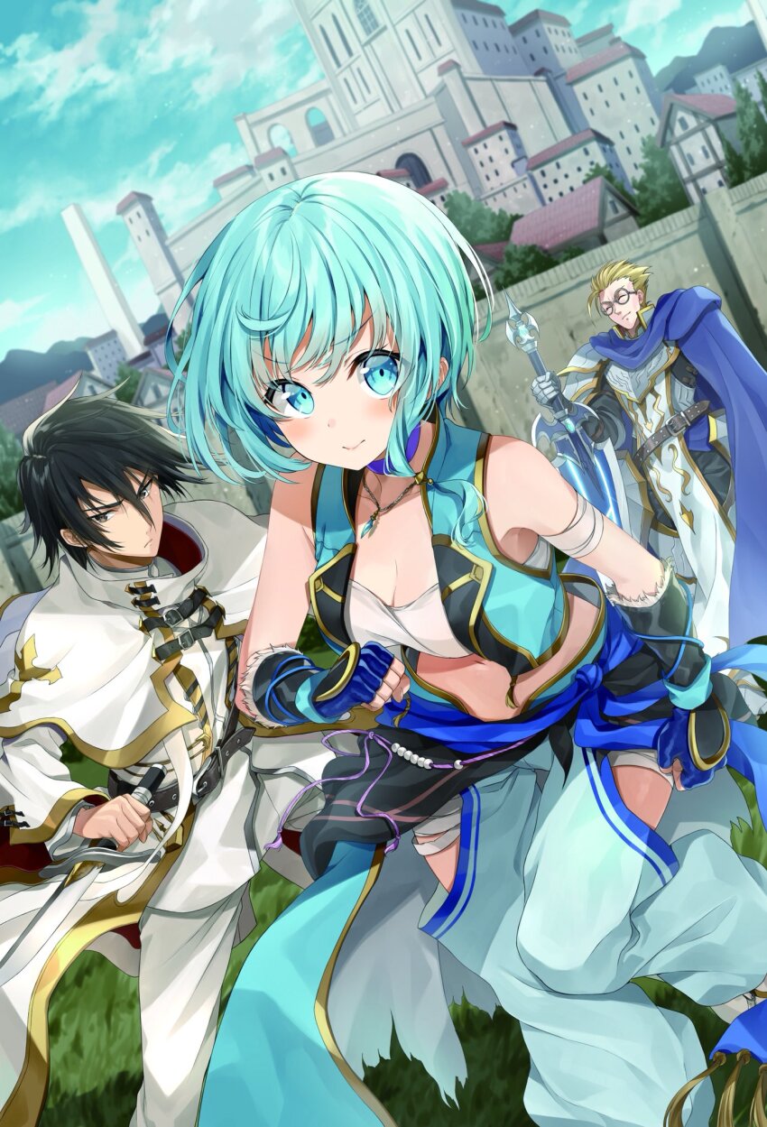 1girl 2boys aqua_eyes aqua_hair aqua_pants armor black_eyes black_hair blue_sky breastplate breasts cape capelet castle cleavage cloud cover cover_page dutch_angle fingerless_gloves glasses gloves greatsword hair_between_eyes highres holding holding_sword holding_weapon jacket kakao_rantan laust leg_armor midriff multiple_boys narsena novel_cover official_art open_clothes open_vest pants party_kara_tsuihousareta_sono_chiyushi_jitsu_wa_saikyou_ni_tsuki pauldrons pelvic_curtain ronaldo_(party_kara_tsuihousareta_sono_chiyushi) second-party_source short_hair shoulder_armor sky smile strapless sword tube_top vest weapon white_pants wrist_guards