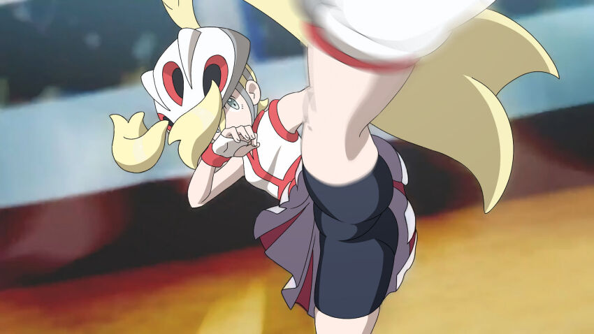 1girl arm_up armpit_peek ass bike_shorts bike_shorts_under_skirt blonde_hair blue_eyes breasts cameltoe covering_own_mouth fingerless_gloves flexible game_freak gloves hair_over_one_eye helmet high_kick highres kicking korrina_(pokemon) legs long_hair looking_at_viewer nintendo pokemon pokemon_xy skirt sleeveless small_breasts thighs type_x very_long_hair