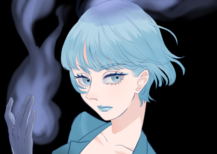 1girl absurdres black_gloves blue_fire blue_hair blue_lips closed_mouth disney disneyland fiery_hair fire formal_clothes gloves hades_(disney) hercules_(1997_film) highres lipstick long_sleeves looking_at_viewer makeup ms._hades rainbowgirl_okura simple_background solo suit upper_body