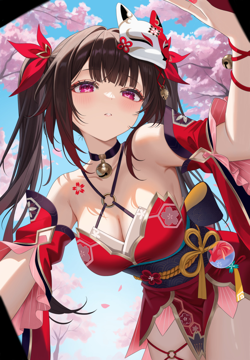 1girl alternate_breast_size bare_shoulders bell black_hair blue_sky breasts cherry_blossoms cleavage commentary diving_mask diving_mask_on_head dress flower_tattoo fox_mask goggles goggles_on_head highres honkai:_star_rail honkai_(series) japanese_clothes koya_(koyacocoa) large_breasts mask neck_bell parted_lips purple_eyes red_dress sky solo sparkle_(honkai:_star_rail) tattoo thighs twintails