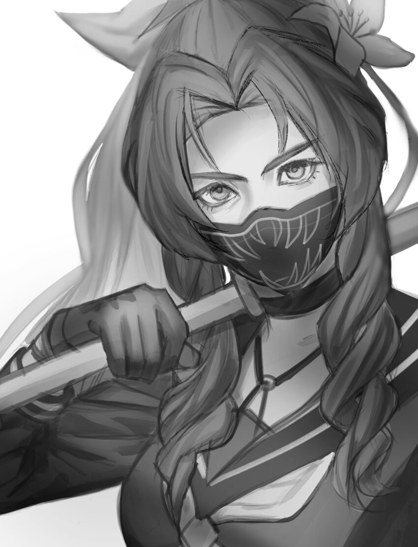 1girl aerith_gainsborough aerith_gainsborough_(midgard_seventh_high_school) black_choker black_gloves black_mask black_sailor_collar black_shirt breasts choker delinquent final_fantasy final_fantasy_vii final_fantasy_vii_ever_crisis flower gloves grey_neckerchief greyscale hair_flower hair_ornament hair_ribbon highres holding holding_staff lily_(flower) liunennim long_hair long_sleeves looking_at_viewer mask medium_breasts monochrome mouth_mask neckerchief official_alternate_costume over_shoulder parted_bangs ponytail ribbon sailor_collar school_uniform shirt sidelocks solo staff sukeban upper_body weapon weapon_over_shoulder white_background