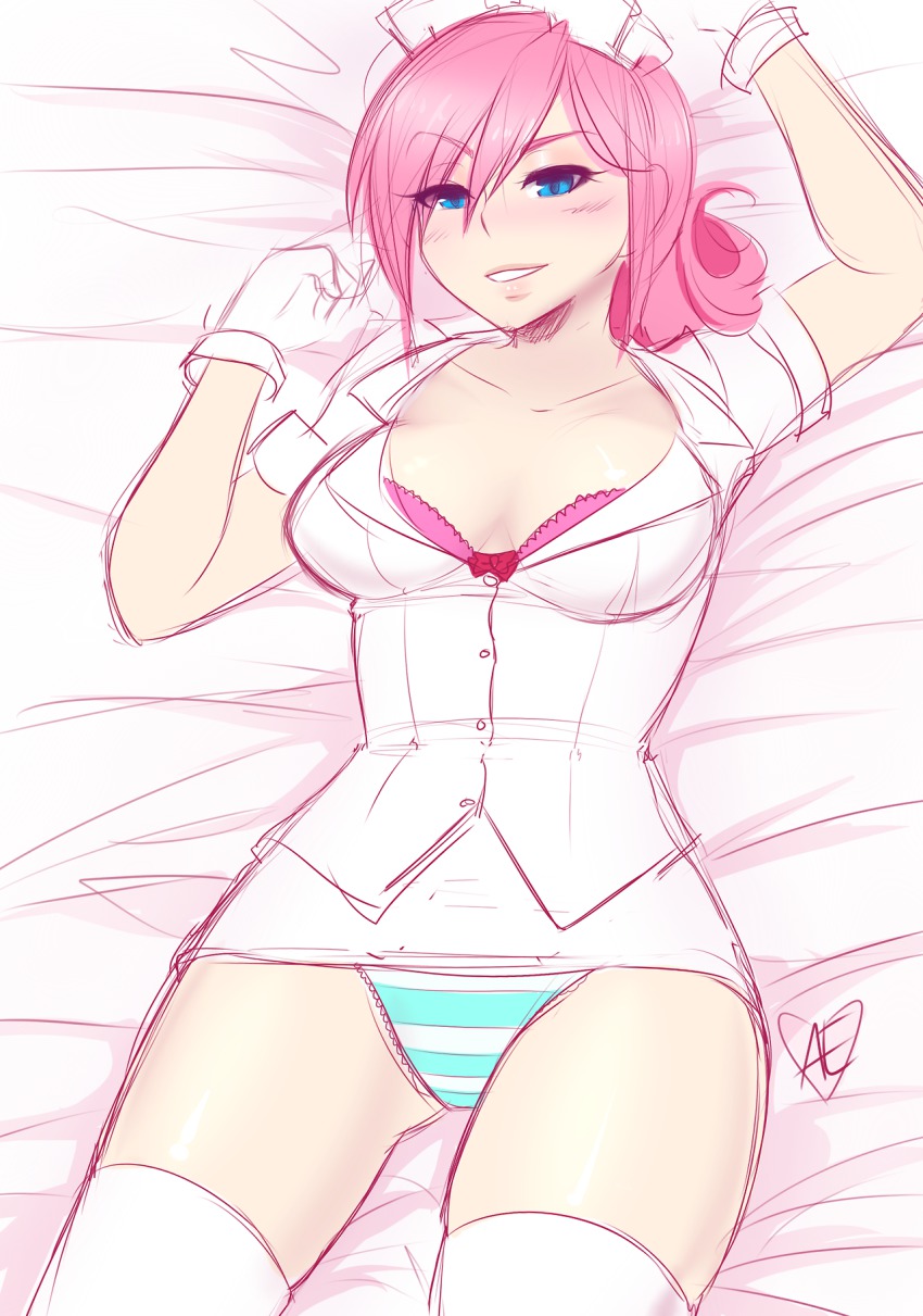 1girl amanda_evelyn_earl blue_eyes blush bra breasts cleavage female_focus gloves hat highres lying my_little_pony nurse nurse_cap nurse_redheart on_back panties pink_hair ribbon smile solo spittfireart striped_clothes striped_panties thighhighs underwear white_thighhighs