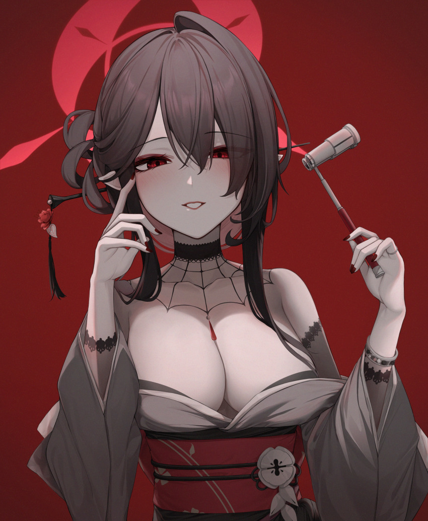 1girl absurdres black_hair blue_archive blush breasts cleavage commentary_request grey_kimono hair_between_eyes hair_ornament hair_stick halo highres holding japanese_clothes kimono kokuriko_(blue_archive) large_breasts long_hair long_sleeves nail_polish oar_21 obi open_mouth opera_glasses red_background red_eyes red_halo sash simple_background solo upper_body wide_sleeves