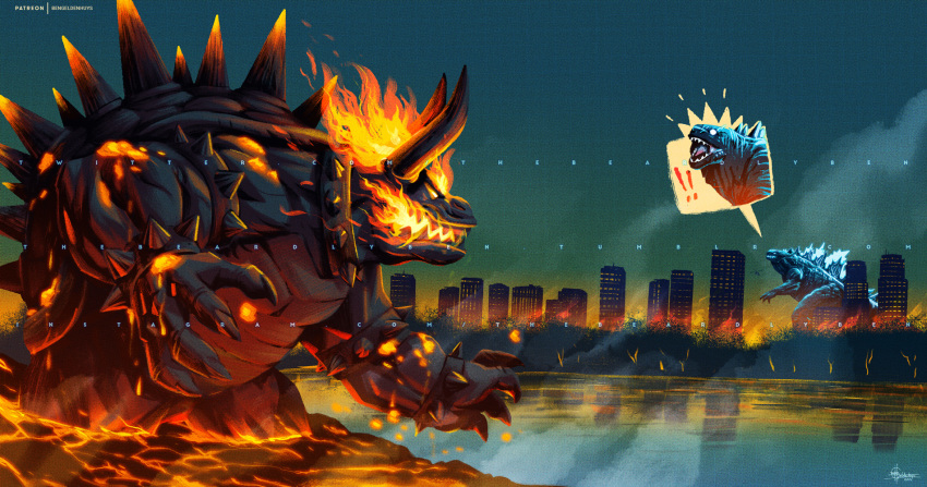 ! 2021 armband ben_geldenhuys bowser bracelet breath_weapon breathing_fire building city claws collar crossover cut-away destruction fiery_hair fire fury_bowser godzilla godzilla_(monsterverse) godzilla_(series) godzilla_vs._kong highres horns jewelry kaiju king_kong_(series) lava legendary_pictures mario_(series) monsterverse multiple_crossover muscular muscular_male nintendo open_mouth outdoors partially_submerged sharp_teeth shell single_horn skyscraper smoke spiked_bracelet spiked_collar spiked_shell spikes standing super_mario_3d_world teeth toho water watermark web_address