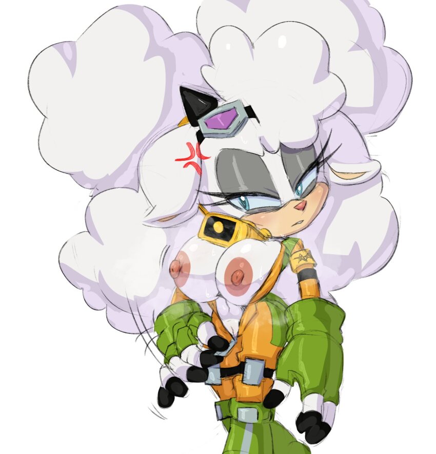 anger_vein angry animal_ears animal_nose bell belt belt_buckle blue_eyes bodysuit breasts breasts_bounce breasts_out buckle collar curvy eyelashes fingerless_gloves fluffy gloves goggles goggles_on_head hair_between_eyes hand_on_own_hip highres lanolin_the_sheep large_breasts long_hair navel nipples sega sheep sheep_ears sheep_girl simple_background sonic_(series) sonic_the_hedgehog_(idw) twintails unzipped_bodysuit unzipping very_long_hair white_background white_fur wool