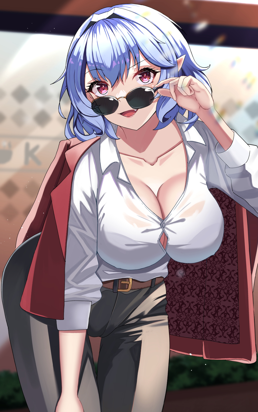 1girl absurdres aged_up belt belt_buckle black_pants blue_hair blurry blurry_background breasts brown_belt buckle button_gap cleavage coat coat_on_shoulders collarbone commission eyelashes fang highres hossy large_breasts light_blue_hair looking_at_viewer looking_over_eyewear open_mouth pants pointy_ears red_eyes remilia_scarlet shirt short_hair skeb_commission slit_pupils solo touhou white_shirt