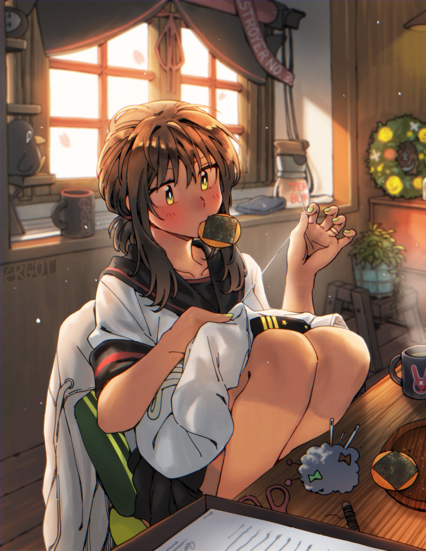 1girl artist_logo artist_name black_hair black_sailor_collar black_skirt blush collarbone cup ergot failure_penguin fingernails food fubuki_(kancolle) fubuki_kai_ni_(kancolle) green_eyes green_nails highres holding holding_needle kantai_collection logo miss_cloud mouth_hold nail_polish needle pleated_skirt ponytail sailor_collar school_uniform scissors senbei serafuku short_hair short_ponytail short_sleeves skirt slice_of_life solo wagashi window