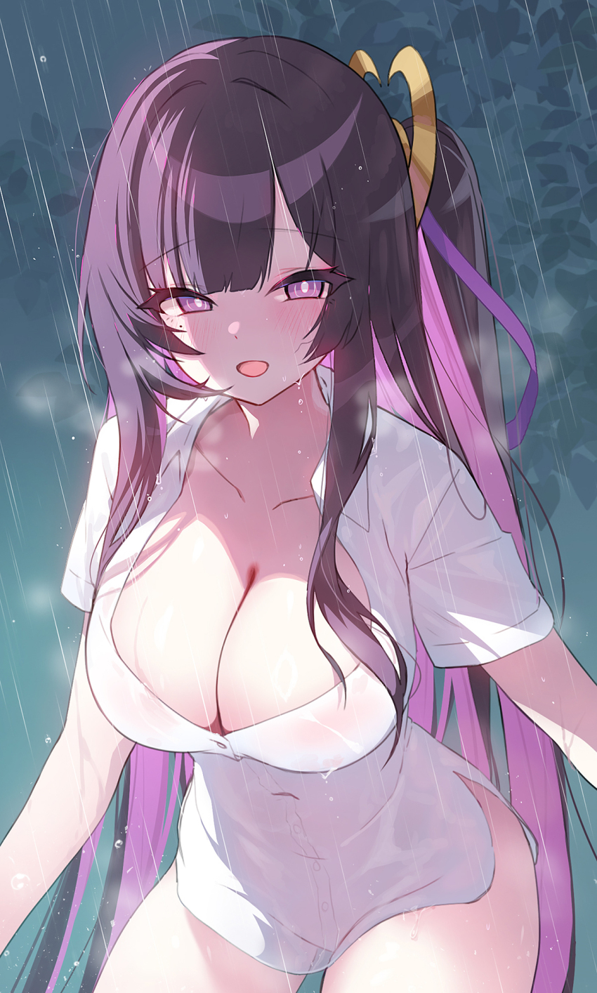 1girl apple_caramel black_hair blush bow breasts bright_pupils chitose_(stella_sora) cleavage colored_inner_hair commentary_request covered_navel curvy dress hair_bow highres large_breasts long_hair looking_at_viewer multicolored_hair naked_shirt open_mouth outdoors purple_eyes purple_hair rain revision see-through_clothes shirt short_sleeves smile solo stella_sora thick_thighs thighs wet wet_clothes white_dress white_pupils yellow_bow