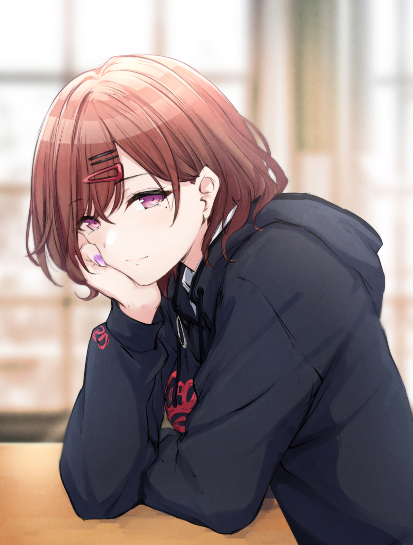 1girl brown_eyes brown_hair highres higuchi_madoka idolmaster idolmaster_shiny_colors long_sleeves looking_at_viewer short_sleeves sitting solo suien