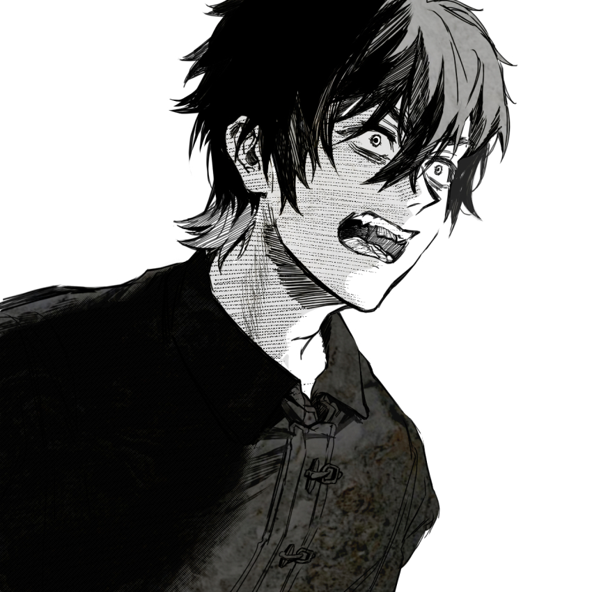 1boy :o greyscale hair_between_eyes highres ks_(kkklocc_093) magami_keigo male_focus monochrome open_mouth solo upper_body white_background witch_watch