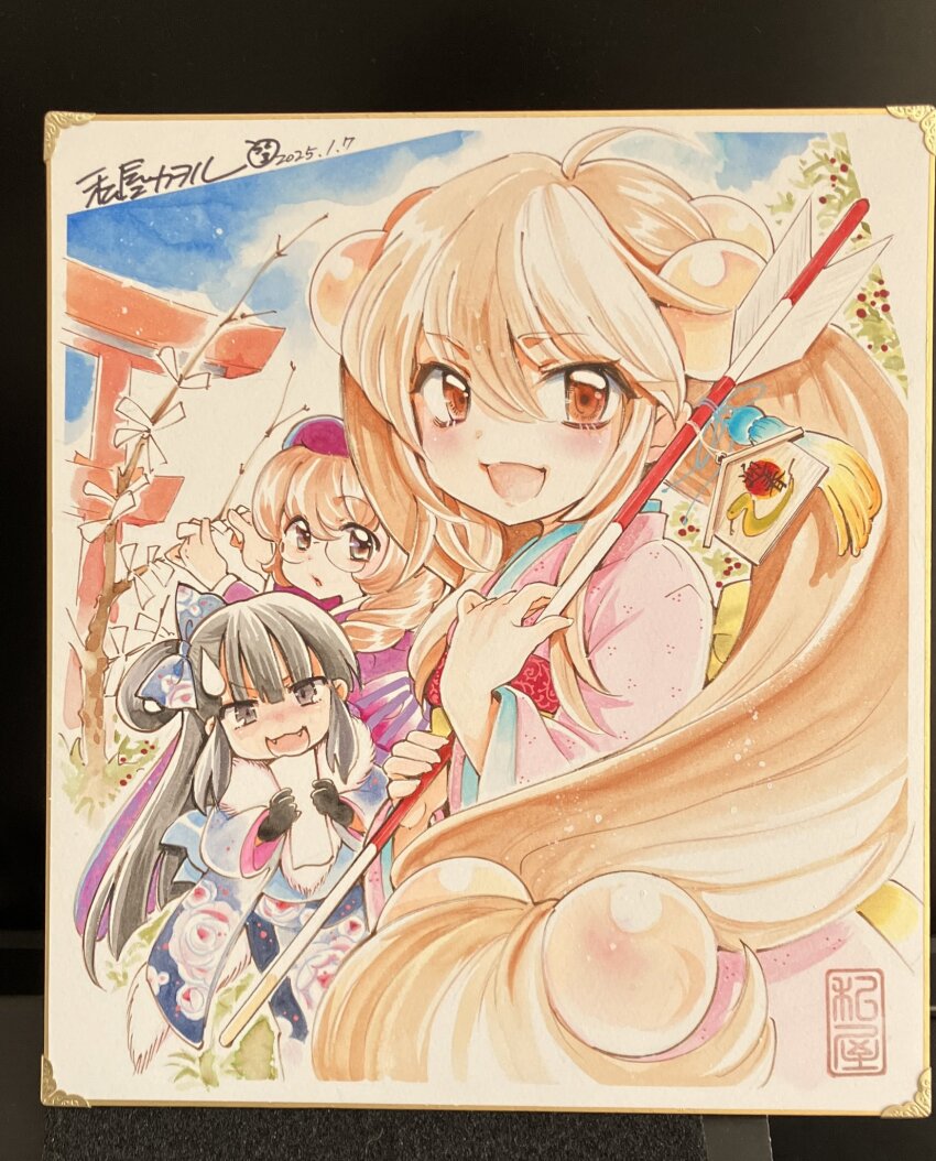 3girls :d ahoge arrow_(projectile) artist_name black_eyes black_gloves black_hair blonde_hair blue_bow bow brown_eyes commentary dated ema english_commentary fangs floral_print floral_print_kimono glasses gloves hair_between_eyes hair_bobbles hair_bow hair_ornament hamaya highres japanese_clothes kagami_kuro kimono kodomo_no_jikan kokonoe_rin long_hair long_sleeves looking_at_viewer multiple_girls official_art open_mouth orange_eyes photo_(medium) pink_kimono print_kimono shikishi signature smile sweatdrop torii traditional_media usa_mimi very_long_hair watashiya_kaworu wide_sleeves