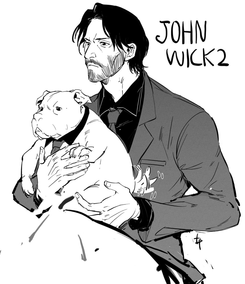 1boy 6cheetah animal black_hair black_shirt breast_pocket closed_mouth collared_shirt commentary copyright_name cropped_legs detached_collar dog dog_on_lap english_text facial_hair frown grey_jacket grey_necktie highres holding holding_animal holding_dog jacket john_wick john_wick_(character) lapels layered_sleeves long_sleeves looking_ahead male_focus mature_male motion_lines necktie on_lap parted_bangs pocket shirt simple_background tail tail_wagging white_background