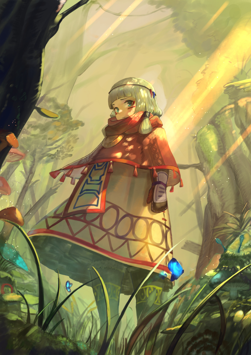 1girl :| arms_at_sides blue_eyes blunt_bangs boots bug butterfly circlet cloak closed_mouth facepaint facial_mark female_focus forest from_below fur-trimmed_boots fur_trim grass highres insect lard_(kumazakiyuta) light_rays looking_at_viewer mittens mushroom nature original outdoors polypore short_hair sidelocks silver_hair solo standing sunbeam sunlight tassel traditional_clothes tree tree_stump trunk wind