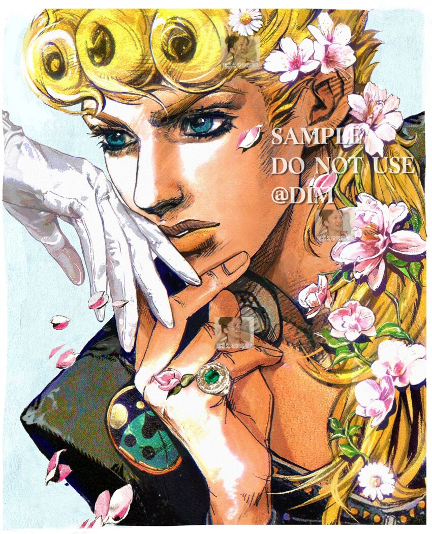 1boy araki_hirohiko_(style) blonde_hair blue_eyes curly_hair dim_7976 falling_petals flower giorno_giovanna gloves hair_flower hair_ornament highres holding_hands jojo_no_kimyou_na_bouken ladybug_ornament looking_to_the_side male_focus parted_lips petals silver_ring upper_body vento_aureo watermark white_flower white_gloves