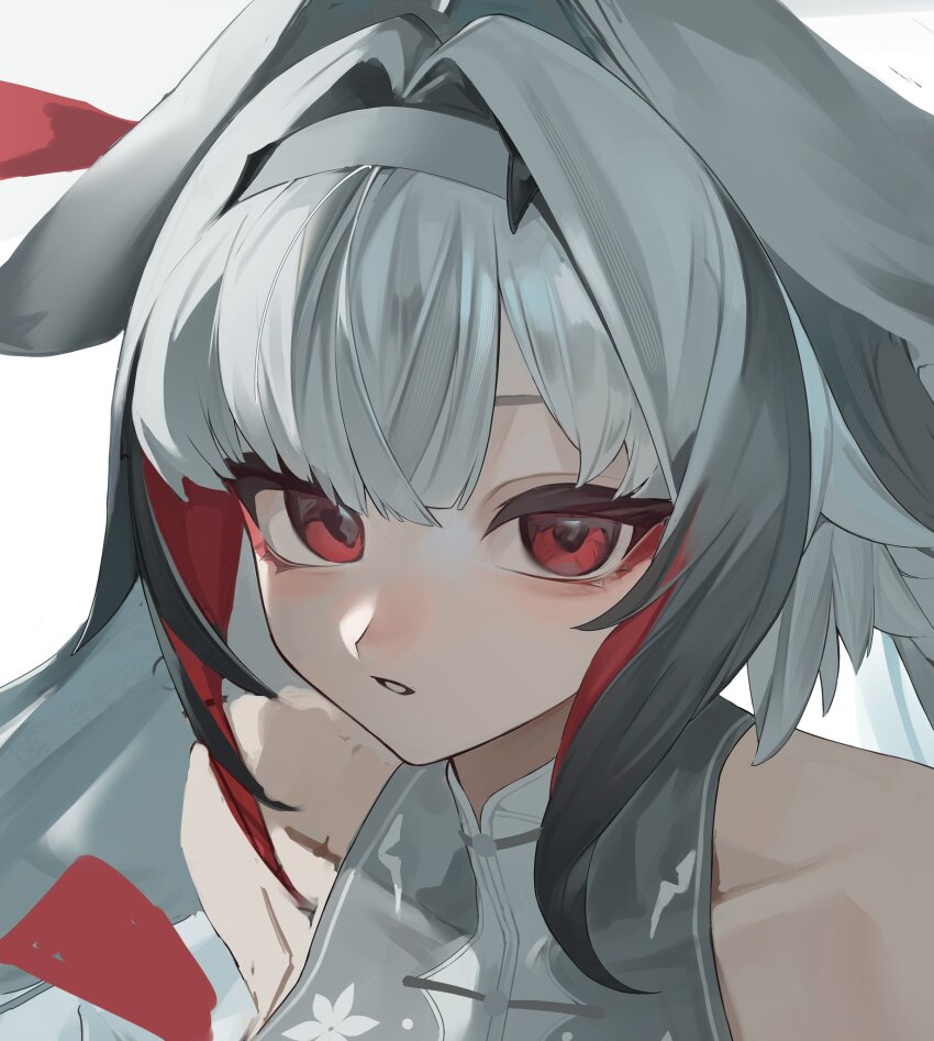 1girl bare_shoulders collarbone commentary droopy_ears english_commentary grey_hairband hair_intakes hairband highres kwak0729 long_hair looking_at_viewer official_alternate_hair_color parted_lips portrait red_eyes simple_background solo unfinished white_background white_hair ye_shunguang zenless_zone_zero