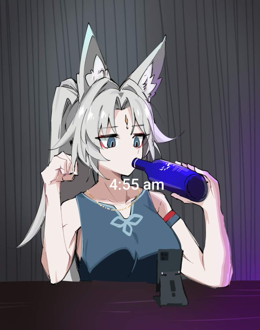 1girl animal_ear_fluff animal_ears armband blue_eyes blue_shirt bottle breasts cellphone drinking eri_(erikiri) eyeshadow feixiao_(honkai:_star_rail) forehead_jewel fox_ears fox_girl grey_hair hair_intakes hands_up highres holding holding_bottle honkai:_star_rail honkai_(series) large_breasts long_hair makeup meme meme_request phone ponytail shirt sleeveless sleeveless_shirt smartphone solo
