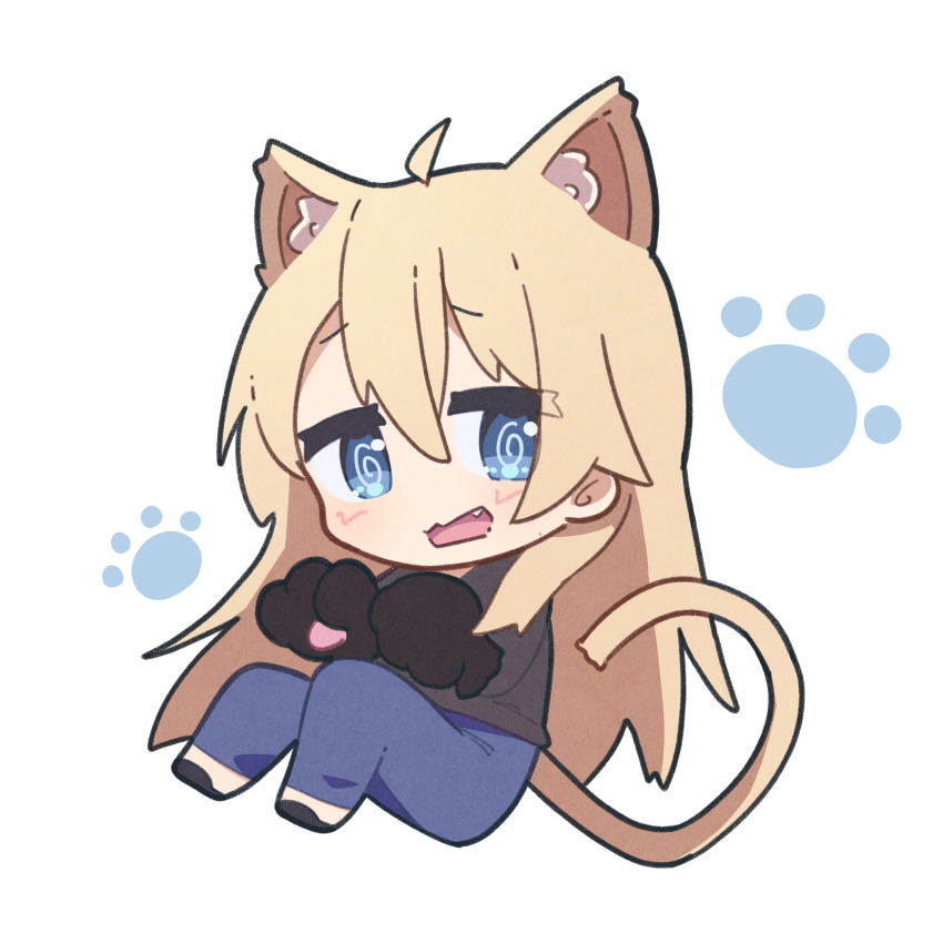 absurdres animal_ear_fluff animal_ears animal_hands arata_yasiki black_shirt blonde_hair blue_eyes cat_ears cat_tail chibi denim fang full_body gloves highres jeans long_hair looking_at_viewer new_game! one-hour_drawing_challenge open_mouth pants paw_gloves paw_print shirt tail yagami_kou