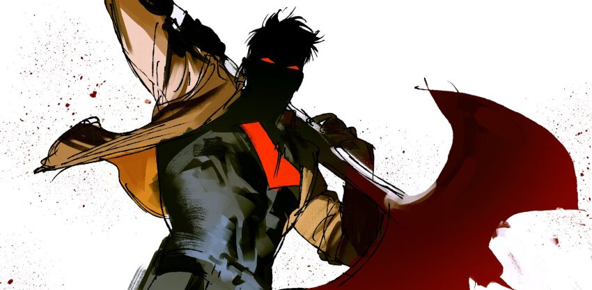 1boy batman_(series) batman_symbol black_bodysuit black_gloves black_hair black_shirt bodysuit brown_jacket dc_comics ghksxodh gloves grey_bodysuit highres jacket jason_todd long_sleeves looking_down male_focus multicolored_bodysuit muscular muscular_male red_hood_(dc) red_hood_and_the_outlaws shirt short_hair simple_background solo superhero_costume taut_bodysuit two-tone_bodysuit upper_body