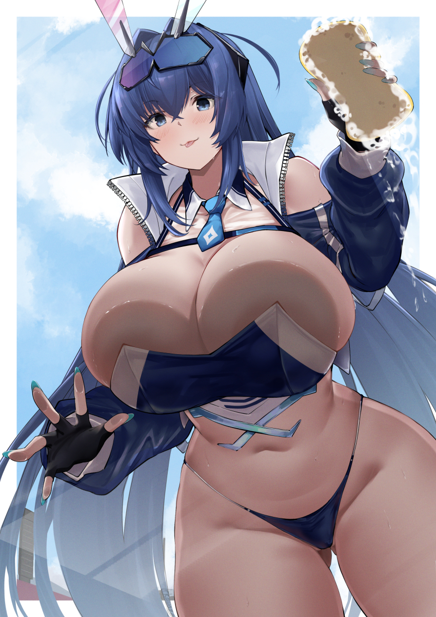 1girl :3 absurdly_long_hair absurdres against_glass aqua_nails aqua_necktie azur_lane bare_shoulders blue_eyes blue_hair blue_panties blue_shrug blue_sky blush breast_press breasts breasts_on_glass cleavage clothing_cutout cloud commentary cowboy_shot crossed_bangs day detached_collar eyewear_on_head fingerless_gloves fingernails gloves gluteal_fold hair_between_eyes hair_intakes highres holding holding_sponge huge_breasts irkawaza long_fingernails long_hair looking_at_viewer navel necktie new_jersey_(azur_lane) new_jersey_(black_blur_prelude)_(azur_lane) official_alternate_costume panties race_queen short_necktie shoulder_cutout shrug_(clothing) sidelocks skindentation sky smile soap_bubbles solo sponge stomach sunglasses tongue tongue_out underwear very_long_hair wet zipper
