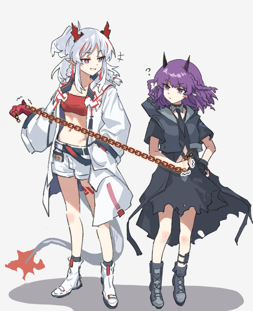 +++ 2girls arknights black_dress black_footwear black_gloves black_jacket boots braid chain closed_mouth collarbone commentary_request demon_horns dragon_girl dragon_horns dragon_tail dress fingerless_gloves gloves grey_background grey_hair grin hand_in_pocket hand_on_own_hip highres holding holding_chain horns jacket lava_(arknights) lava_the_purgatory_(arknights) long_sleeves mabing multicolored_hair multiple_girls navel nian_(arknights) parted_bangs ponytail purple_eyes purple_hair red_eyes red_hair shadow short_shorts short_sleeves shorts single_glove smile standing streaked_hair tail torn_clothes torn_dress trembling white_footwear white_jacket white_shorts wide_sleeves