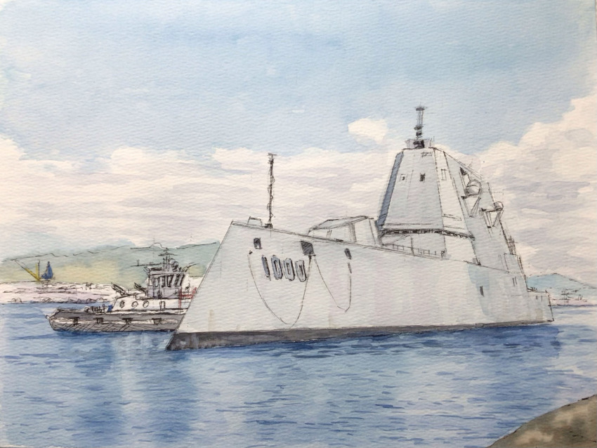 atelier_bono blue_sky boat cloud cloudy_sky commentary_request destroyer highres military_vehicle no_humans original painting_(medium) revision scenery ship sky traditional_media tugboat uss_zumwalt_(ddg-1000) vehicle_focus warship watercolor_(medium) watercraft waves