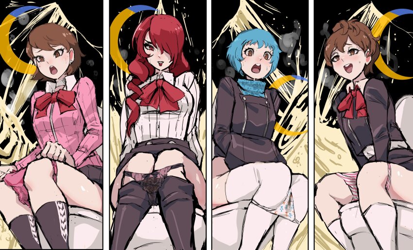 4girls absurdres atlus biku black_background black_panties black_shirt black_skirt blue_hair blush brown_eyes brown_hair clothes_lift collared_shirt feet_out_of_frame female_focus floral_print hair_over_one_eye highres kirijou_mitsuru lace lace_panties long_hair long_sleeves matching_hair/eyes multiple_girls open_mouth panties peeing persona persona_3 pink_panties pink_sweater red_eyes red_hair ribbon shiomi_kotone shirt short_hair simple_background sitting skirt skirt_lift striped_clothes striped_panties sweat sweater takeba_yukari thighhighs toilet toilet_use underwear urine_meter wet wet_clothes wet_panties white_panties white_shirt white_thighhighs yamagishi_fuuka