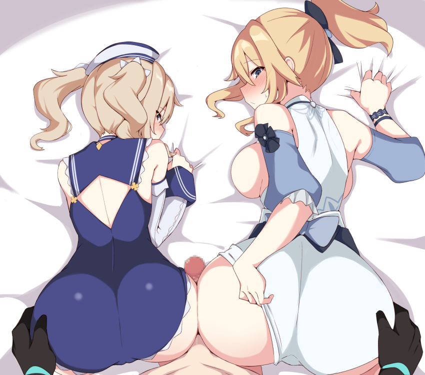 1boy 2girls aether_(genshin_impact) ass ass_grab backboob barbara_(genshin_impact) barbara_(summertime_sparkle)_(genshin_impact) bed bed_sheet bisexual_female blonde_hair blush breasts buttjob censored cooperative_grinding cooperative_thigh_sex detached_sleeves double_thigh_sex ffm_threesome genshin_impact grinding group_sex hair_ornament hair_ribbon hat hetero highres huge_ass jean_(genshin_impact) jean_(sea_breeze_dandelion)_(genshin_impact) kumasteam large_breasts looking_back mosaic_censoring multiple_girls penis pov ribbon shimaidon_(sex) siblings sisters teamwork_(sexual) threesome wristband