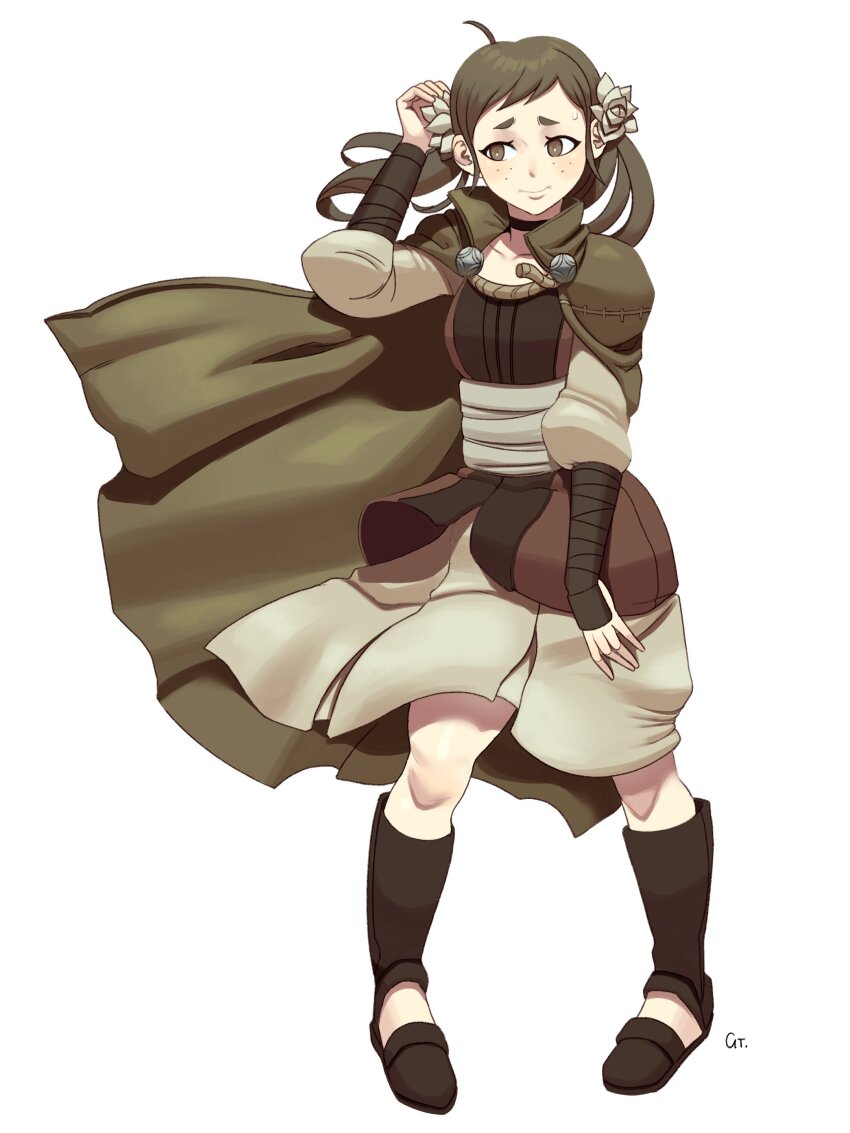 1girl absurdres black_choker brown_eyes brown_hair choker collared_cloak fire_emblem fire_emblem_fates flower freckles ghostypaint hair_flower hair_ornament highres mozu_(fire_emblem) nintendo skirt solo wrist_guards