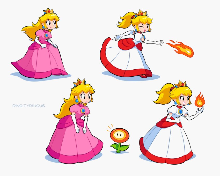 1girl artist_name blonde_hair crown dress earrings elbow_gloves fire fire_flower fire_flower_(transformation) fire_peach full_body gem gloves hair_between_eyes hand_up high_heels highres jewelry long_hair looking_to_the_side mario_(series) nintendo one_eye_closed open_mouth pink_dress ponytail princess_peach puffy_short_sleeves puffy_sleeves shadow short_sleeves skirt_hold solo super_mario_3d_world vinny_(dingitydingus) white_background white_dress white_gloves