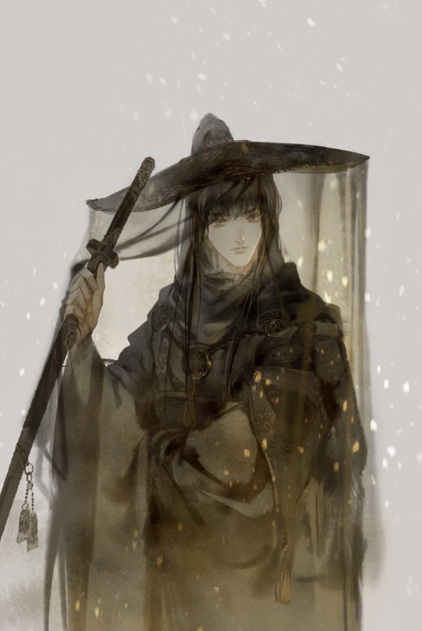 arm_across_waist black_hair black_hanfu black_sleeves black_veil blunt_bangs charm_(object) chinese_clothes closed_mouth grey_background hanfu highres holding holding_sword holding_weapon ichimegasa jian_(weapon) jian_wuji jinguang_budaixi keyring long_hair long_sidelocks long_sleeves looking_at_viewer looking_to_the_side patterned_clothing see-through_clothes see-through_veil sidelocks sword sword_tassel tassel veil weapon weapon_charm wide_sleeves wuxia yellow_eyes yu_yu_huadiao