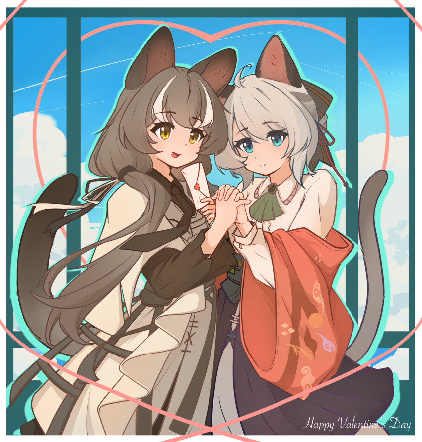 2girls animal_ears aqua_eyes arknights black_tail brown_hair chinese_commentary closed_mouth commentary_request grey_hair grey_tail happy_valentine heads_together heart heart_of_string highres holding_hands honeyberry_(arknights) interlocked_fingers long_hair long_sleeves looking_at_viewer mint_(arknights) mu_lin_di multicolored_hair multiple_girls open_mouth short_hair split_mouth standing streaked_hair tail tail_raised valentine white_hair yellow_eyes yuri