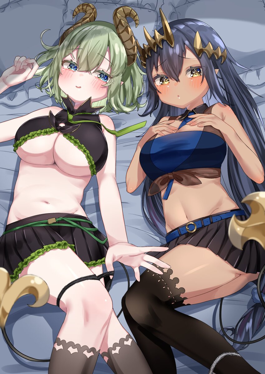 2girls :o absurdres belt between_breasts black_hair black_shirt black_skirt black_thighhighs blue_belt blue_eyes blue_necktie blush breast_suppress breasts brown_horns closed_mouth commentary_request crop_top demon_girl demon_horns demon_tail feet_out_of_frame green_hair green_necktie grey_socks hair_between_eyes highres horns large_breasts long_bangs long_hair looking_at_viewer lying miniskirt multiple_girls nanashi_inc. necktie necktie_between_breasts on_back on_bed open_mouth pillow pleated_skirt pointy_ears sekishiro_mico shimamura_charlotte shirt short_hair skirt sleeveless sleeveless_shirt smile socks tail tamotsu_(mary) tan thighhighs very_long_hair virtual_youtuber