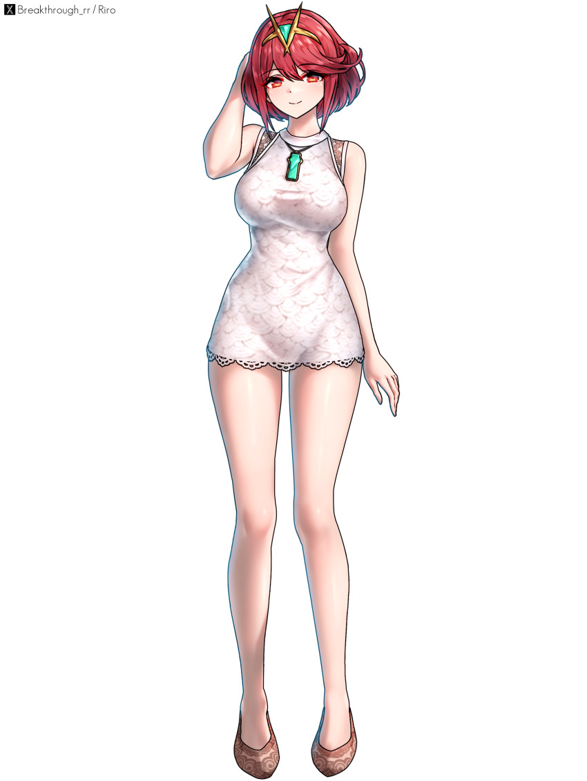 1girl absurdres bare_shoulders breasts chest_jewel core_crystal_(xenoblade) dress full_body highres large_breasts looking_at_viewer making-of_available pyra_(xenoblade) red_eyes red_hair riro_(breakthrough_rr) scale_print short_dress short_hair simple_background solo tiara white_background xenoblade_chronicles_(series) xenoblade_chronicles_2