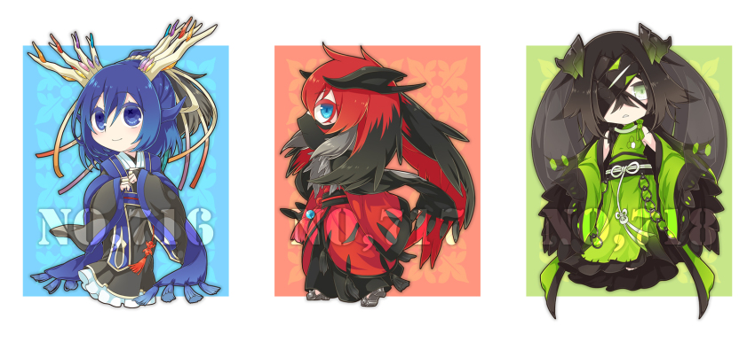 3girls antlers aoiro_69 black_hair blue_eyes blue_hair chibi covered_mouth gen_6_pokemon green_eyes grey_hair head_wings highres horns japanese_clothes legendary_pokemon mask mouth_mask multicolored_hair multiple_girls nintendo personification pokedex_number pokemon red_hair simple_background wings xerneas yveltal zygarde zygarde_(50%)