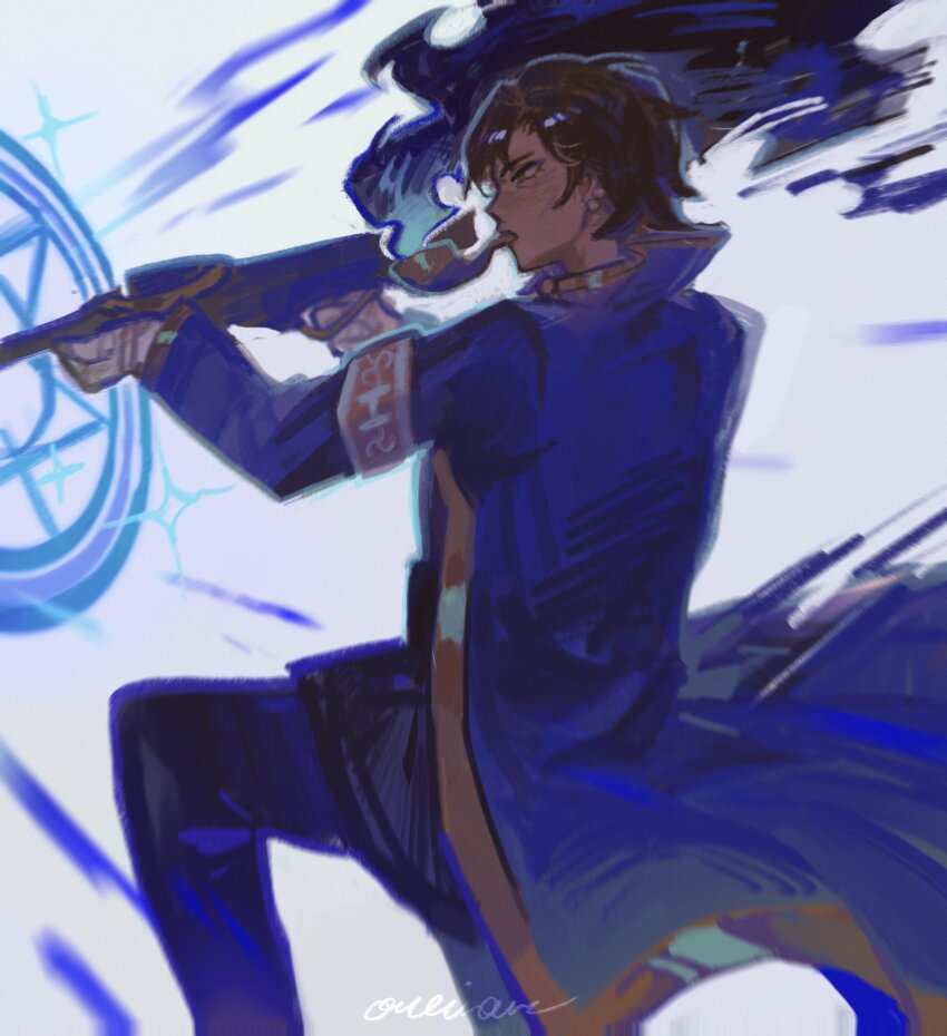 1girl absurdres armband black_pants black_smoke blue_coat brown_eyes brown_hair coat dark-skinned_female dark_skin e.g.o_(project_moon) gun highres holding holding_gun holding_weapon limbus_company lobotomy_corporation_(identity)_(project_moon) long_sleeves magic_bullet_(e.g.o) oneii orange_armband outis_(project_moon) pants project_moon short_hair simple_background smoking_pipe solo standing upper_body weapon white_background
