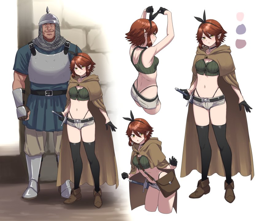 1boy 1girl armor ass black_thighhighs boots breasts brown_hair choker cloak commentary_request crop_top dagger full_body fumitan_(humitan) gloves hairband highleg highleg_panties highres knife multiple_views navel original panties panty_straps pointy_ears short_hair short_shorts shorts small_breasts thighhighs underwear weapon yellow_eyes