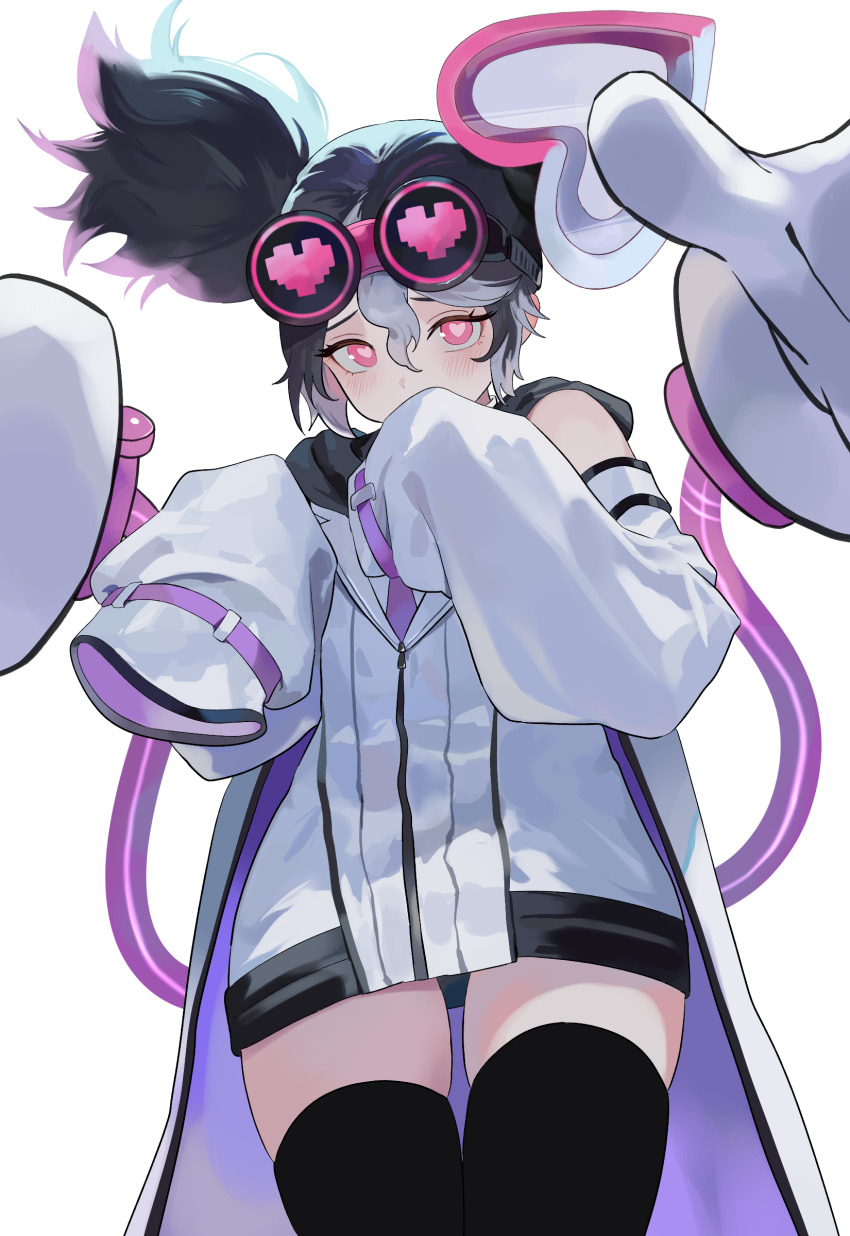 1girl absurdres black_hair black_thighhighs card_game coat covered_mouth duel_monster goggles goggles_on_head heart heart_in_eye highres long_hair long_sleeves looking_at_viewer nbee_ya pink_eyes simple_background sleeves_past_fingers sleeves_past_wrists solo symbol_in_eye thighhighs vanquish_soul_dr._mad_love white_background white_coat white_hair yu-gi-oh!