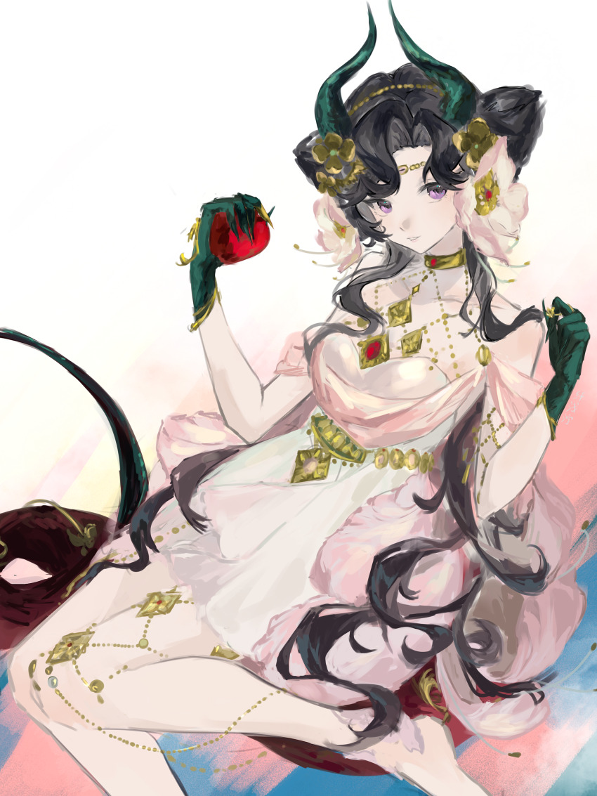 1girl absurdres anjo_nala apple bare_shoulders barefoot black_hair black_horns demon_horns dress flower food foot_out_of_frame fruit gloves grey_gloves hair_flower hair_ornament hands_up highres holding holding_food holding_fruit horns long_hair looking_at_viewer official_alternate_costume purple_eyes reverse:1999 short_dress sitting sleeveless sleeveless_dress solo white_background white_dress white_flower xianqianning