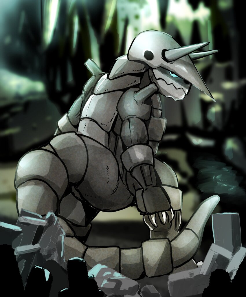 aggron armor blue_eyes cave cave_interior dai_roku_ten_mao dappled_sunlight facing_to_the_side fake_horns gen_3_pokemon helmet highres horned_helmet horns looking_to_the_side mechanical_arms mechanical_legs neck_armor nintendo outdoors pokemon pokemon_(creature) robot rock rubble shoulder_armor sigil stalagmite stream sunlight tail_armor